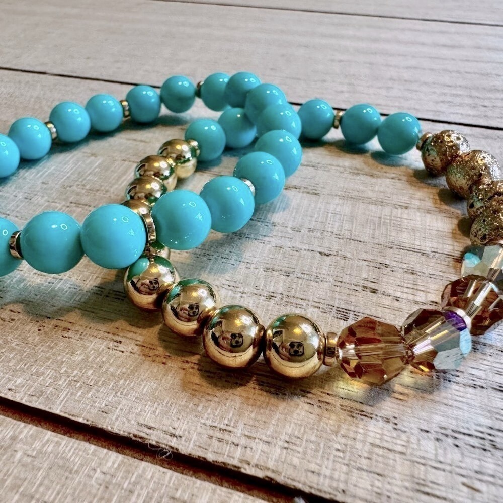 🌊 Aqua Mother of Pearl & Gold Stretch Bracelet Set w/ Swarovski Crystals